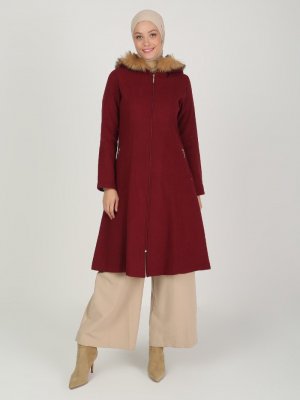 Bordo Kapüşonu Kürk Detaylı Kaban