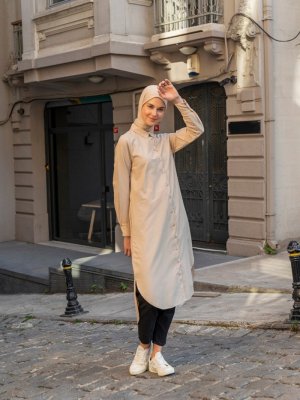 Nude Poplin Boydan Düğmeli Tunik Nude Poplin Boydan Düğmeli Tunik