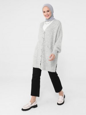 Gri Saç Örgü Detaylı Triko Hırka