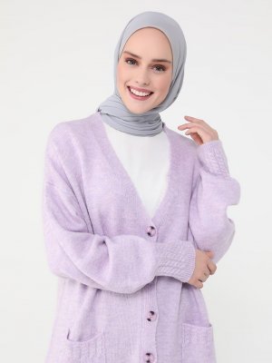 Lila Saç Örgü Detaylı Triko Hırka