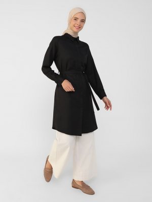 Siyah Oxford Kumaştan Gizli Düğmeli Tunik