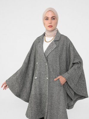 Siyah Gizli Cepli Kaşe Panço