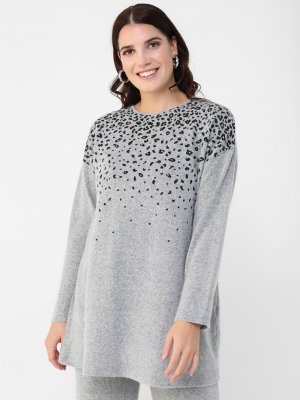 Gri Büyük Beden Leopar Desenli Elyaf Tunik