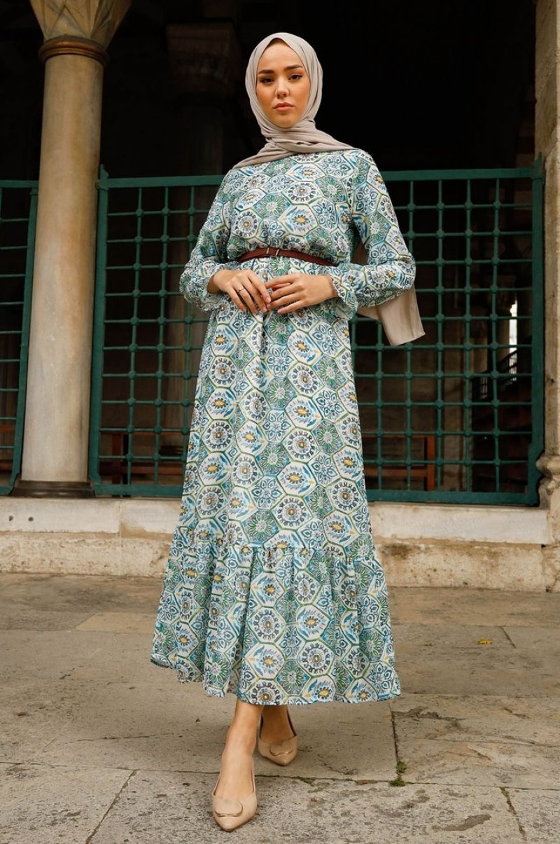 In Style Mint Etnik Desenli Kemerli Şifon Elbise