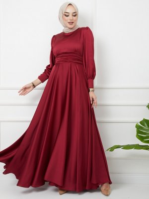 Bordo Beli Pilise Detaylı Kuşaklı Abiye Elbise Bordo Beli Pilise Detaylı Kuşaklı Abiye Elbise
