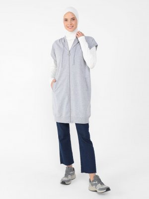 Gri Melanj Boydan Fermuarlı Kapüşonlu Kolsuz Sweatshirt