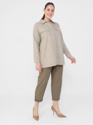 Bej Büyük Beden Cep Detaylı Pamuklu Ceket