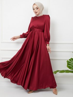 Bordo Kemer Aksesuarlı Kloş Abiye Elbise