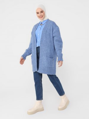 İndigo Cep Detaylı Triko Hırka