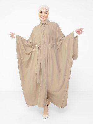 Vizon Yaka Detaylı Düğmeli Kuşaklı Ferace