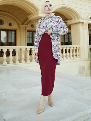 Bordo Beli Lastikli Kalem Etek Bordo Beli Lastikli Kalem Etek