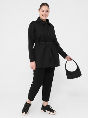 Siyah Büyük Beden Boydan Fermuarlı Beli Lastikli Kap