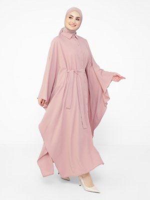 Açık Gül Kurusu Yaka Detaylı Düğmeli Kuşaklı Ferace