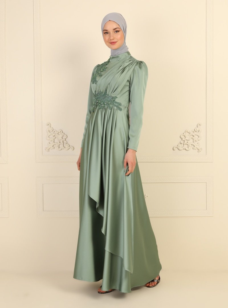 MODAYSA Çağla Çift Aplikli Helen Saten Abiye Elbise