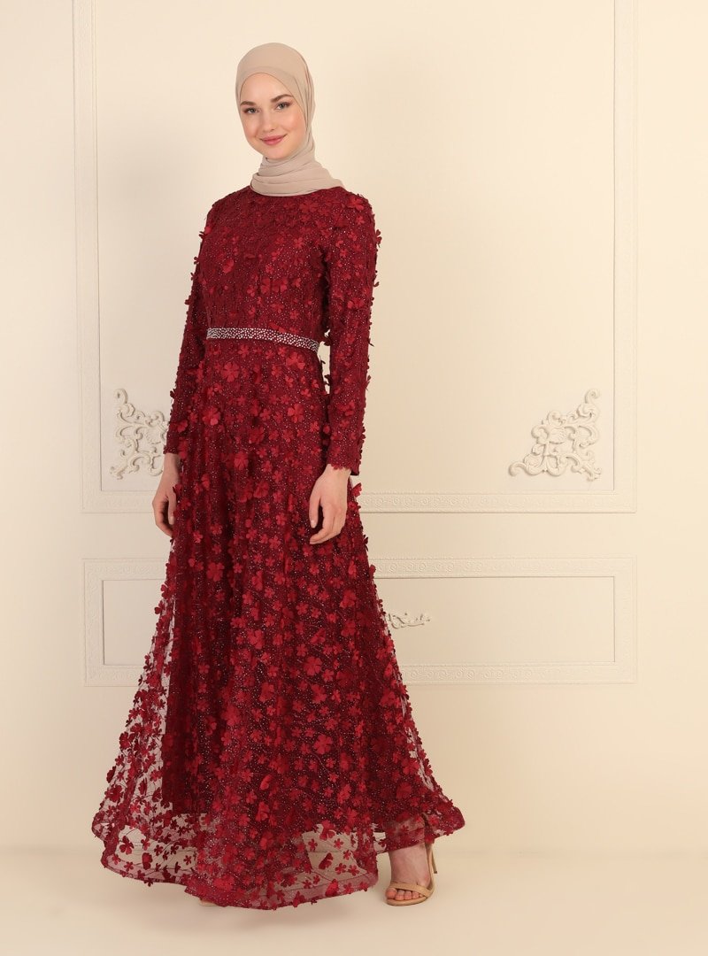 ENSANUR MODA Bordo Gül Kabartmalı Abiye Elbise