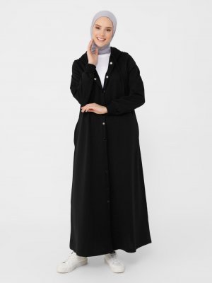 Siyah Kapüşon Detaylı Çıtçıtlı Spor Pardesü Siyah Kapüşon Detaylı Çıtçıtlı Spor Pardesü