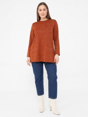 Kiremit Büyük Beden Yırtmaç Detaylı Triko Tunik Kiremit Büyük Beden Yırtmaç Detaylı Triko Tunik