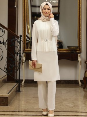 Ekru Asil Tunik & Pantolon İkili Abiye Takım Ekru Asil Tunik & Pantolon İkili Abiye Takım