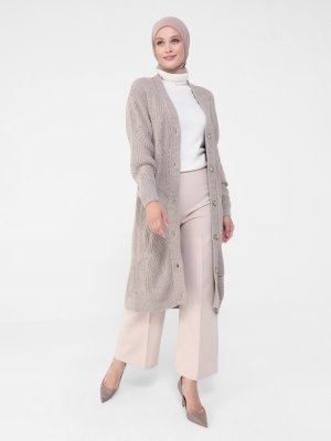 Vizon Düğmeli Örgü Detaylı Triko Hırka