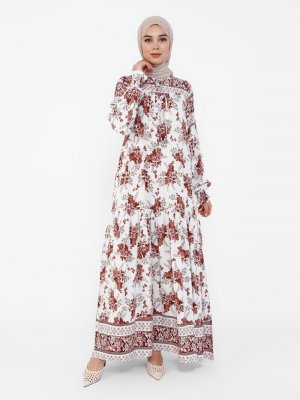 Bordo Doğal Kumaşlı Çiçek Desenli Elbise Bordo Doğal Kumaşlı Çiçek Desenli Elbise
