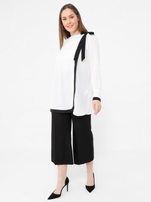 Beyaz Siyah Büyük Beden Kurdale Detaylı Tunik