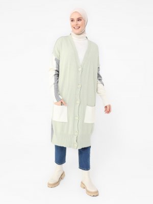 Su Yeşili Kemik Gri Cep Detaylı Hırka Su Yeşili Kemik Gri Cep Detaylı Hırka