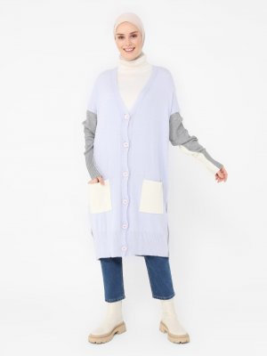 Gri Kemik Açık Mavi Cep Detaylı Hırka