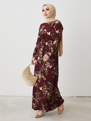Bordo Desenli Elbise Bordo Desenli Elbise