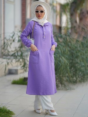 Lila Göğüs Düğmeli Cepli Çan Uzun Tunik