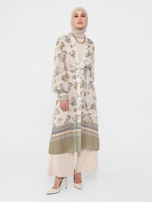 Bej Yeşil Çiçek Desenli Kuşaklı Şifon Ferace Kimono Bej Yeşil Çiçek Desenli Kuşaklı Şifon Ferace Kimono