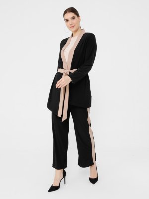 Siyah Bej Büyük Beden Kap & Pantolon İkili Takım