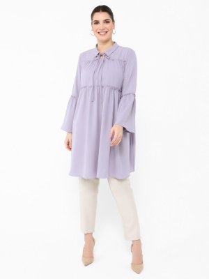 Lila Büyük Beden Yakası Bağlamalı Geniş Kalıp Tunik