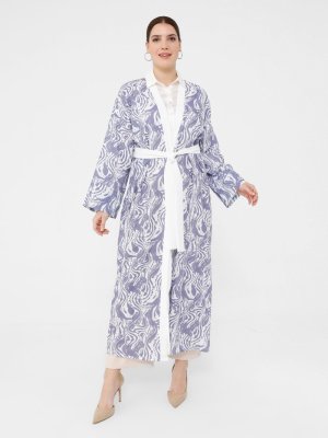 Lila Ekru Büyük Beden Doğal Kumaşlı Kuşak Detaylı Desenli Kap