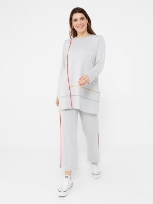 Açık Gri Büyük Beden Doğal Kumaşlı Tunik & Pantolon İkili Takım
