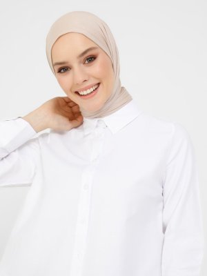 Beyaz Poplin Boydan Düğmeli Tunik
