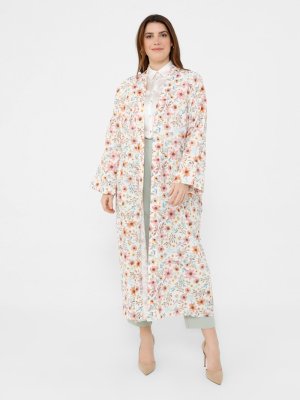 Ekru Büyük Beden Doğal Kumaşlı Kuşaklı Çiçek Desenli Kap