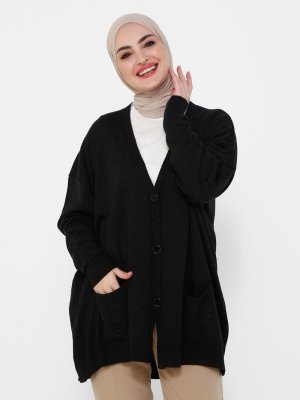 Siyah Cep Detaylı Düğmeli Triko Hırka Siyah Cep Detaylı Düğmeli Triko Hırka