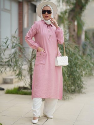 Derin Pembe Göğüs Düğmeli Cepli Çan Uzun Tunik Derin Pembe Göğüs Düğmeli Cepli Çan Uzun Tunik