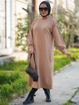 Bisküvi Yarım Balıkçı Omuzu Düğmeli Elbise