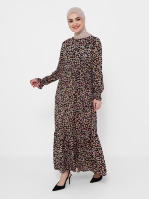 Siyah Doğal Kumaşlı Beli Lastikli Çiçek Desenli Elbise