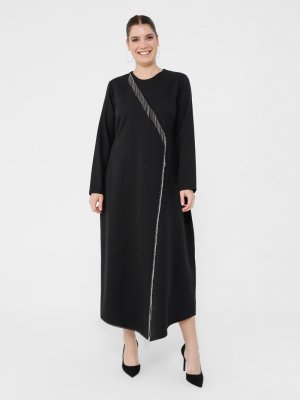 Siyah Büyük Beden Püskül Detaylı Abiye Elbise