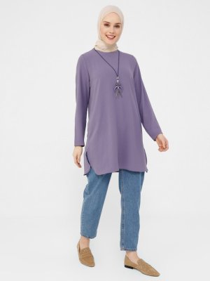 Refka Vintage Mor Kolye Detaylı Yanları Yırtmaçlı Aerobin Tunik