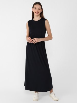 Lacivert Doğal Kumaşlı Beli Lastikli Kolsuz Elbise