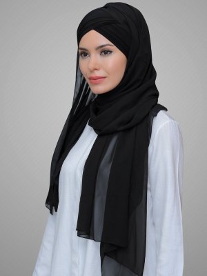 Siyah Pratik Hazır Geçmeli Bone Şifon Kendinden Topuzlu Üç Bantlı Şal