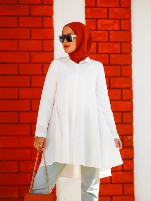 Beyaz Önden Düğmeli Gömlek Tunik Beyaz Önden Düğmeli Gömlek Tunik