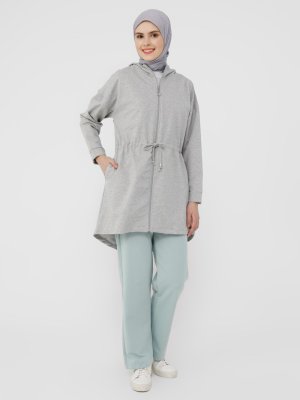 Gri Melanj Kapüşonlu Arkası Uzun Kap Gri Melanj Kapüşonlu Arkası Uzun Kap