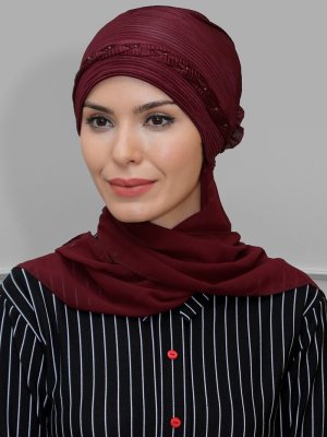 Bordo Pratik Hazır Geçmeli Fukuro Piliseli Örgülü Şifon Atkılı Bone