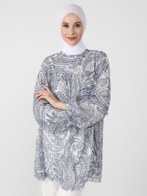 Mavi Beyaz Şal Astarlı Kol Ucu Lastikli Şifon Tunik Mavi Beyaz Şal Astarlı Kol Ucu Lastikli Şifon Tunik