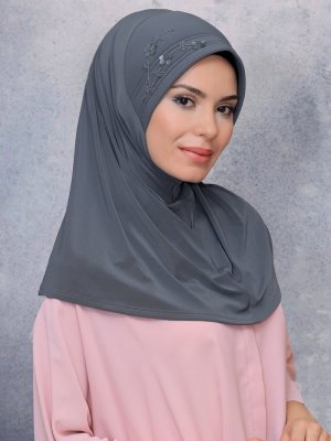 Gri Pratik Hazır Geçmeli Sandy Kumaş Elişi Çiçek İşlemeli Pullu Eşarp