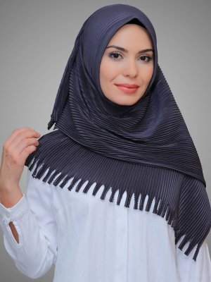 Füme Pratik Hazır Geçmeli Kesik Elyaf Piliseli Saçaklı Lazer Kesim Eşarp